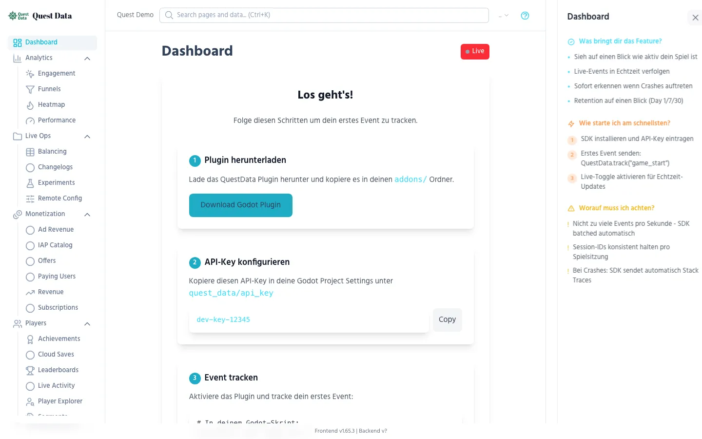 Dashboard Overview with event chart and live feed